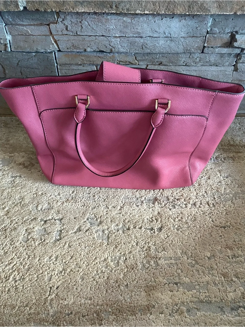 Michael Kors EMMY Large DOUBLE HANDLE TOTE Leather Handbag Purse Tulip Pink - Picture 6 of 15